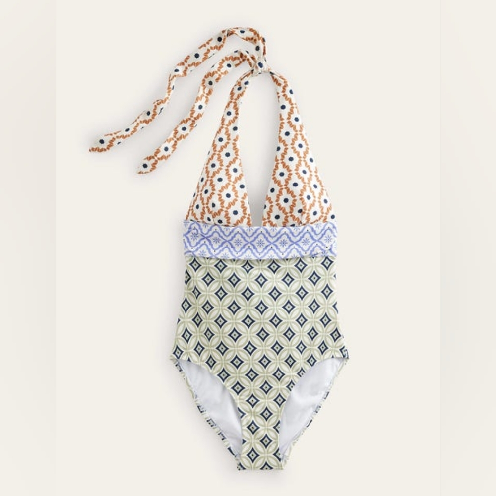 Boden Multi Geo Trance halter bow back swimsuit